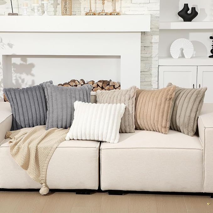 Mixweer 6 Pcs Neutral Faux Fur Plush Throw Pillow Covers 18x18 Inch Soft Fluffy Decorative Striped Pillow Covers with Velvet Back for Sofa Bed Cushion, Boho Rustic Farmhouse Modern Home Decor