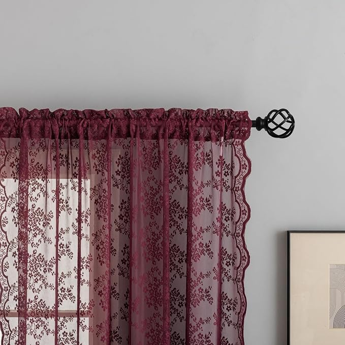YJ YANJUN Vintage Lace Curtains 90 Inches Long-Victorian Floral Red Burgundy Sheer Curtain Panels forLiving Room Patio Sliding Door Rod Pocket Wedding Party Christmas Decor 2 Panels 52W x 90L
