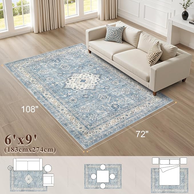 Vintage Living Room Area Rug 6x9 - Large Soft Washable Oriental Traditional Distressed Farmhouse Rugs for Bedroom - Indoor Floor Accent Carpet for Home Office House Decor - Blue