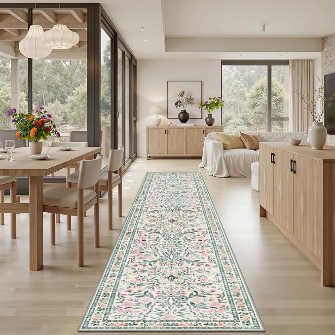 Runner Rug for Entryway: 3x10 Kitchen Rugs Floral Washable Rug Green/Beige | Ultra-Thin Non Slip Indoor Floor Carpet Stain Resistant Carpets for Hallway Bedroom Kitchen Laundry Bathroom Dorm Home Office
