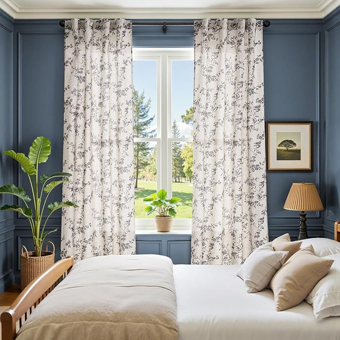 jinchan Black Floral Linen Curtains 84 Inch Rustic Drapes Back Tab 2 Panels | Black on beige, light filtering, semi sheer, farmhouse, country, privacy, flower, bedroom, living room, window treatment