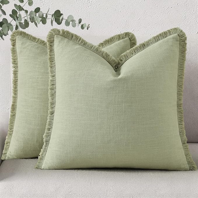 decorUhome Linen Fringe Euro Sham Throw Pillow Covers Set of 2 Decorative Sage Green Pillow Covers with Tassels Soft Accent Boho Farmhouse Pillow Cases for Couch Bed Sofa 26x26 Inch