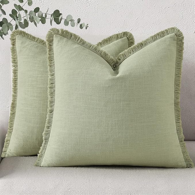 decorUhome Linen Fringe Euro Sham Throw Pillow Covers Set of 2 Decorative Sage Green Pillow Covers with Tassels Soft Accent Boho Farmhouse Pillow Cases for Couch Bed Sofa 24x24 Inch