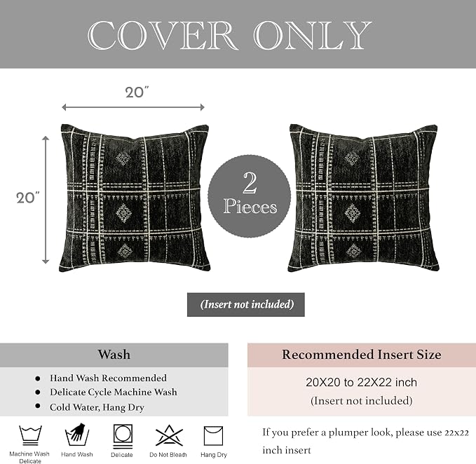 BlissBlush Decorative Throw Pillow Covers 20x20 Set of 2, Boho Textured Chenille Accent Throw Pillow Covers for Couch Sofa Bed Living Room Home Décor, Black (Cover Only)