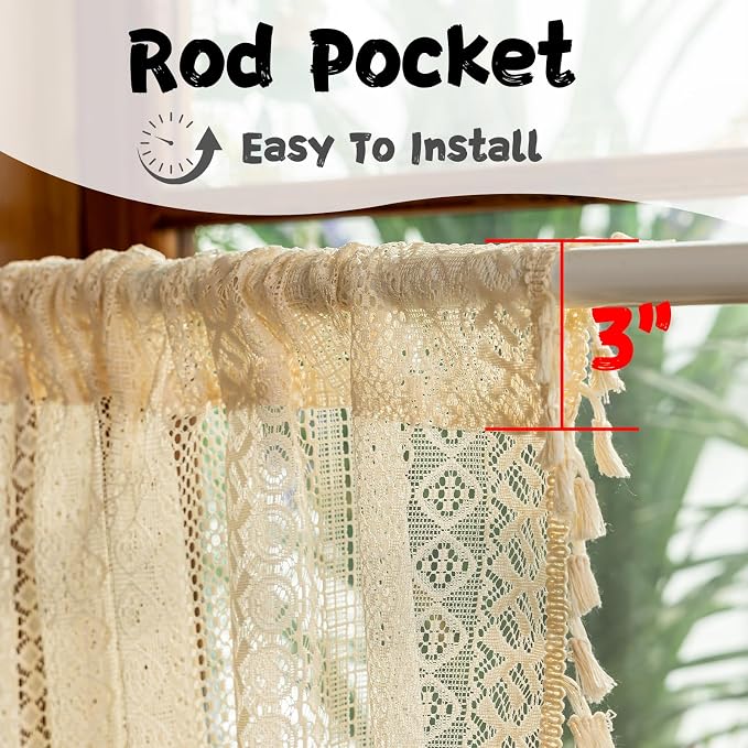 Sutuo Home Beige Boho Lace Short Kitchen Curtains 36 inches Long for Cafe Laundry Room, Semi Sheer Window Curtains Farmhouse Crochet Vintage Tassels Rustic Valance Rod Pocket Decor, 2 Panels 50" W