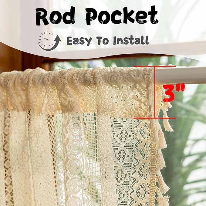 Sutuo Home Beige Boho Short Curtains for Kitchen Window Curtains Over Sink,Sheer Lace Crochet Bohemian Valance Privacy Vintage Chic Tassels Rustic Small Window Decor Rod Pocket,2 Panels 50" W x 18" L
