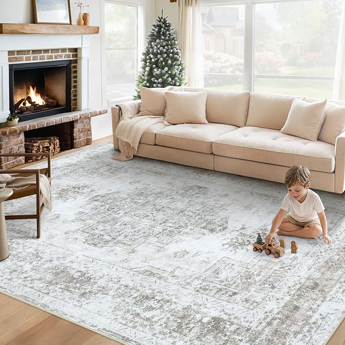 XLUEZ Area Rug 6x9 Living Room Rug, Machine Washable Vintage Distressed Medallion Rug Non-Slip Soft Low Pile Large Indoor Rugs for Bedroom Kitchen Dining Room Office(Taupe,6'x9')