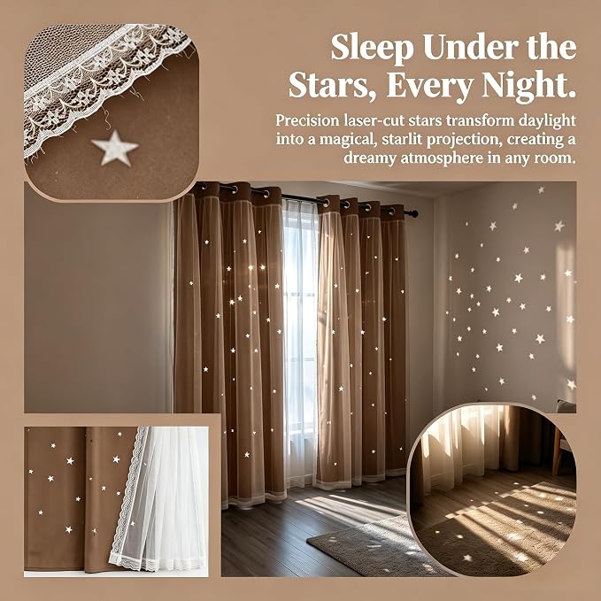 Kids Blackout Curtains for Bedroom/Living Room/Classroom, Sheer Overlay 2 Free Tiebacks, Double Layer Curtains with Star Cutout for Kids Room(Each Piece W 70 x L 95 Inches 2 Pcs Chocolate)
