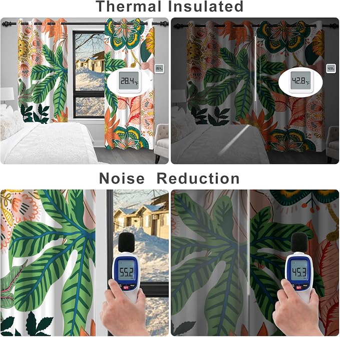Boho Floral Blackout Curtains 84 Inch Long 2 Panels Set, Grommet Thermal Insulated Window Black Out Curtains for Bedroom Living Room, Soundproof Privacy Light Filtering Drapes with Curtain Tiebacks