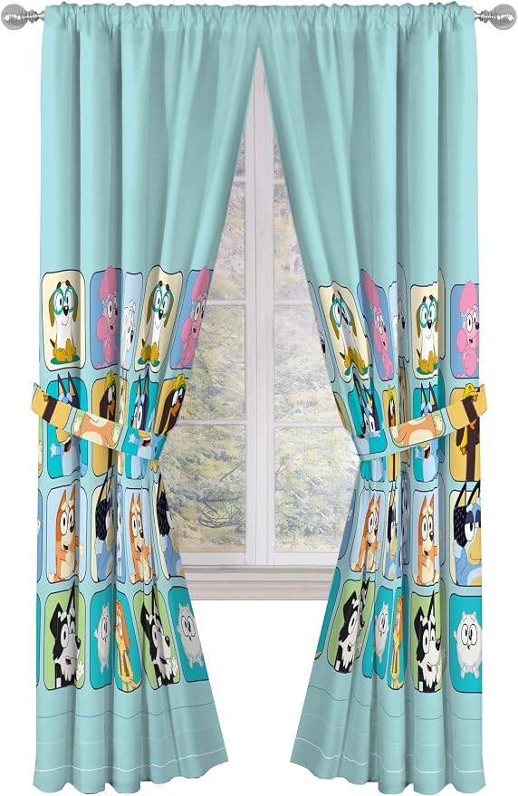 Sunny Side Up Window Curtains for Kids Bedroom 4-Piece Drape Set with 2 Tiebacks, Teal - Bluey, 42" W x 84" L (Pack of 2)