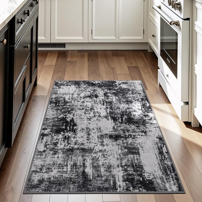 Rugflix 3x5 Entrance Rugs, Entry Rug Washable Non-Slip Stain-Resistant Low Pile, Small Modern Dark Carpet for Living Room Bedroom Indoor, Black Grey