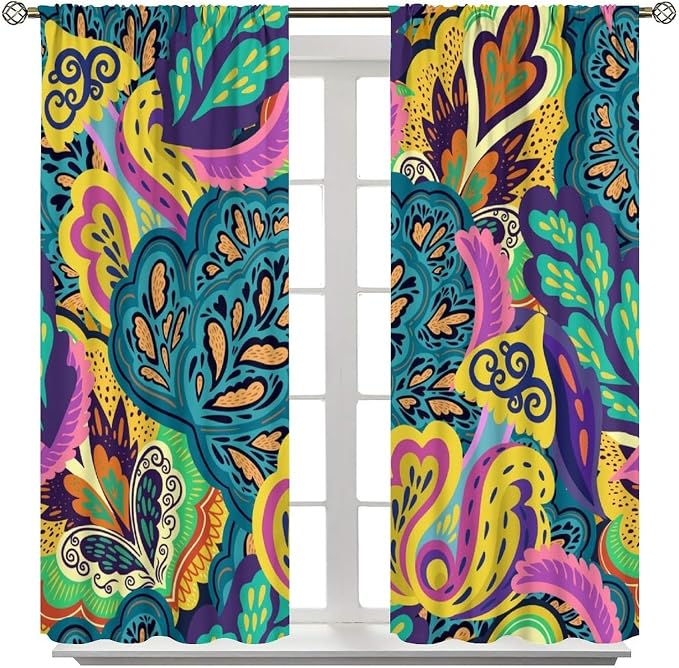 Bohemian-Style Floral Blackout Curtains with Psychedelic Abstract Paisley Print for Bedrooms, Living Rooms, and Kitchens63X63 Inch