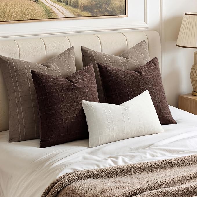 MIULEE Decorative Linen Check Throw Pillow Covers Neutral Farmhouse Vintage Pillow Covers 20x20 Set of 2 Boho Modern Winter Home Decor for Sofa Couch Bedroom Cushion Dark Brown
