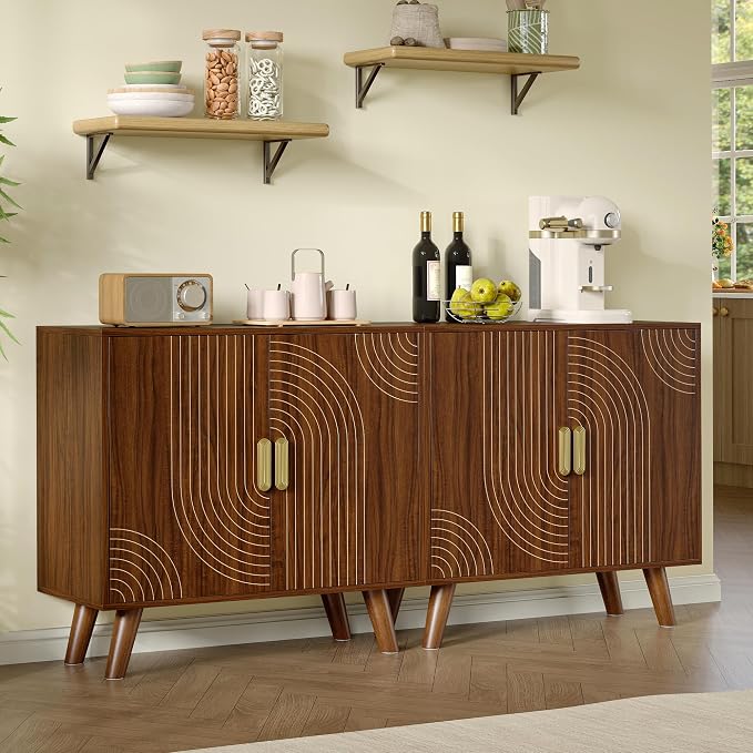 Sideboard Buffet Cabinet with Storage, Line-Grooved Storage Cabinet, Walnut | Accent Cabinet with Doors and Adjustable Shelf for Kitchen Dining Living Room Hallway‌ Entryway