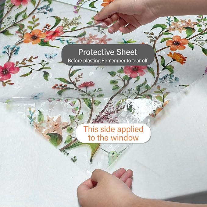 Finnez Floral Stained Glass Window Film, Rainbow Static Cling Privacy, No Glue Removable for Home Sliding Glass Doors, 35.4"x157.4"