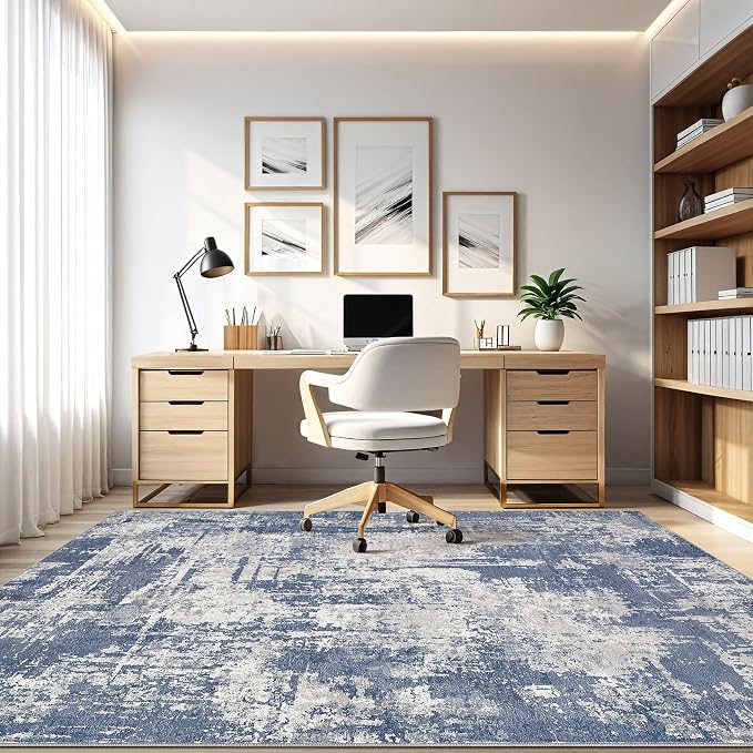 Area Rugs 9x12 Living Room: Washable Large Abstract Modern Soft Rugs Stain Resistant Indoor Floor Non Slip Accent Carpet for Bedroom Nursery Playroom Office Dining Room Dorm Home Decor- Navy Grey