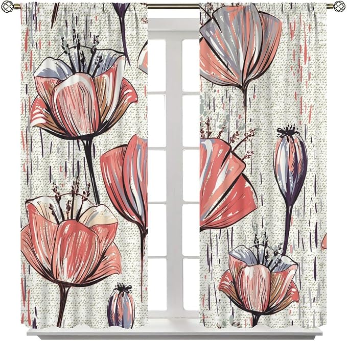 Black Blackout Curtains with Floral Patterns, Vintage Watercolor Red Floral Curtains for The Bedroom, and Heat-Insulating Curtains for The Living Room63X72 Inch