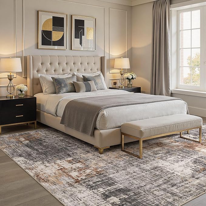DMOYEST Area Rug Living Room Rugs - 10x11 Washable Large Soft Indoor Neutral Modern Abstract Low Pile Rug Carpet for Bedroom Dining Room Farmhouse Home Office - Grey Brown