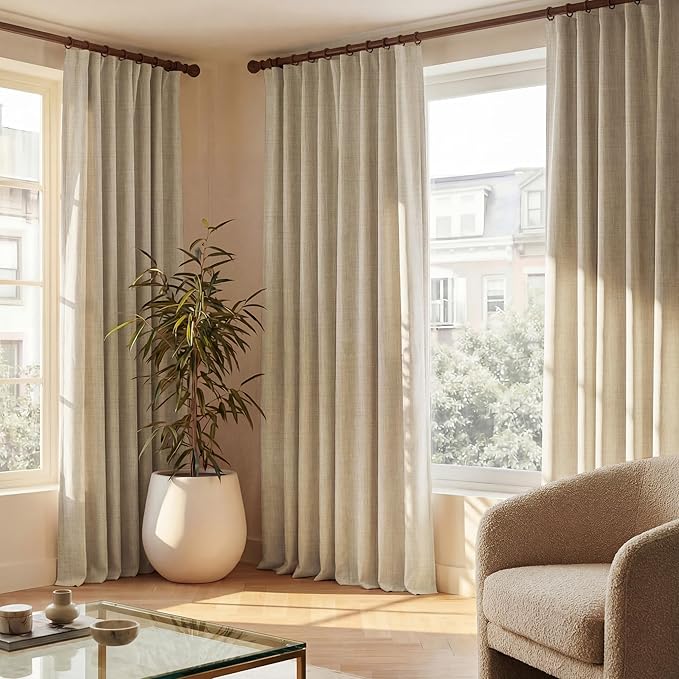 NICETOWN Farmhouse Linen Textured 100% Blackout Curtains, Rustic 3-in-1 Header (Hooks/Back Tab/Pocket), Thermal Insulated Room Darkening Window Treatment for Bedroom, Cream, 52" W x 90" L
