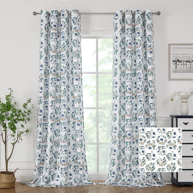 Joydeco Green Floral Curtains 96 Inches Long for Bedroom 2 Panels, Room Darkening Curtains Patterned Panels for Living Room with Grommet, 80% Blackout Botanical Printed Drapes(Hexagon Green-95)
