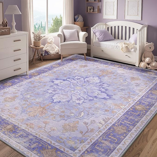 RELEANY Area Rugs 5'x7' Washable Non-Slip, Floral Vintage Distress Medallion Carpet for Living Room Bedroom Dining Room, Light Purple Brown