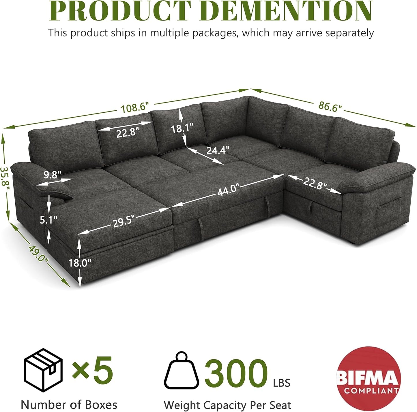 108 Inch Sectional Sleeper Sofa with Pull Out Bed,U Shaped 7 Seat Modular Sectional Sofa with Storage,Sectional Couches for Living Room,Cloud Modular Couch,Removable Sofa Cover,Dark Grey