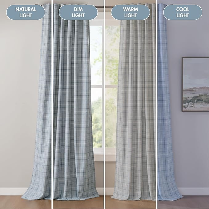 Madison Park Anaheim Cabin Plaid Curtain Window, Thermal Insulated Fleece Lining, Living Room Decor Room Darkening Drape for Bedroom, 1-Single Panel Pack, 50x63, Rod Pocket & Back Tab, Denim Blue