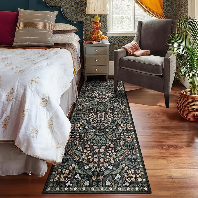 2.6x8 Machine Washable Runner Rug, Kitchen Hallway Area Rug Black Vintage Boho Floral Ultra Non-Slip Low Pile Soft Faux Wool Carpet Kids and Pets Friendly for Bedroom Entryway Nursery Decor Rug