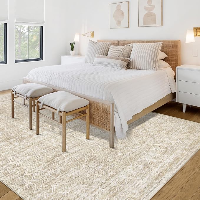 Area Rug Living Room Rugs 5x7 - Large Soft Boho Geometric Rugs, Non-Slip Foldable Washable Area Rug Non Shedding Morden Indoor Floor Carpet for Living Bedroom Office Dining Room(Moroccan Beige, 5'x7')