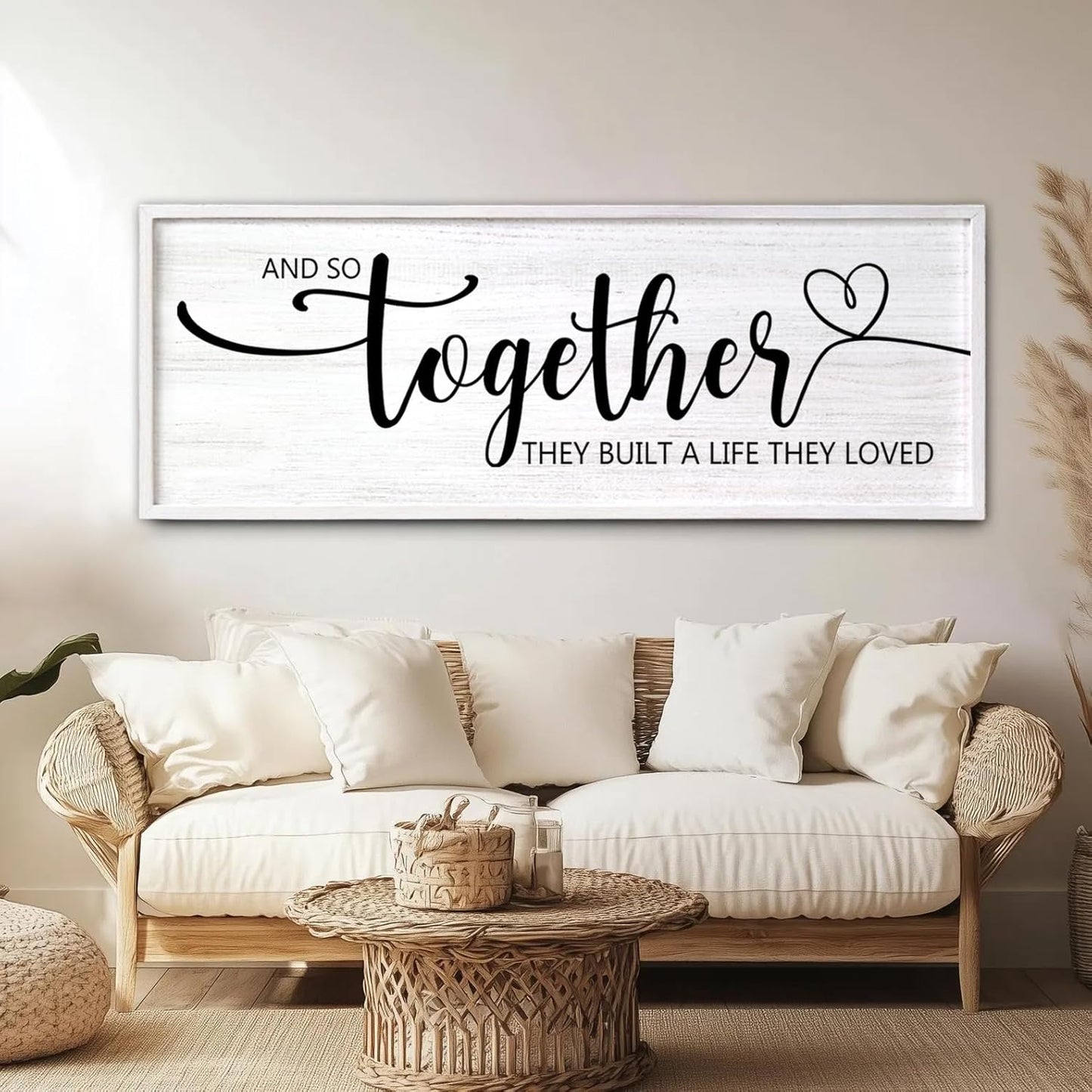 And So Together They Built A Life They Loved Decorative Rustic Sign & Plaque Framed Wall Art for Couples, 40''×15' Wooden Long Wall Decor Above Bed, Vintage Horizontal Farmhouse Wedding Gift