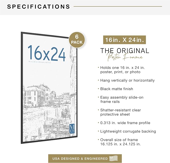 MCS Original Poster Frame 16x24 Black Lightweight Vertical & Horizontal Wall Hanging Large Picture Frame for Posters, Art Prints & Gallery Wall (6-Pack)