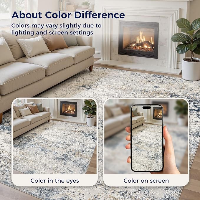 DMOYEST Area Rug Living Room Rugs - 8x10 Abstract Large Soft Indoor Washable Rug Neutral Modern Low Pile Carpet for Bedroom Dining Room Farmhouse Home Office - Beige Blue