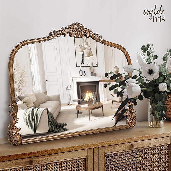 Wylde Iris English Estate Carved Arch Wood Wall Mirror, Mirror for Entryway, Living Room, Bathroom, Antique Gold, 26x37