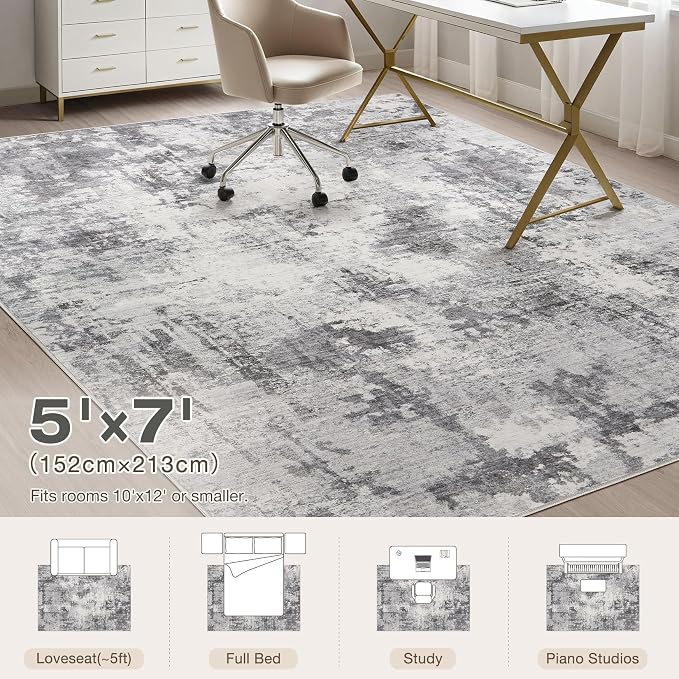 Abstract 5x7 Area Rug: Machine Washable Non Slip Ultra Thin Low-Pile Carpet, Soft Stain Resistant for Living Room Bedroom Nursery, Kid Pet Friendly, Robot Vacuum Compatible - Grey