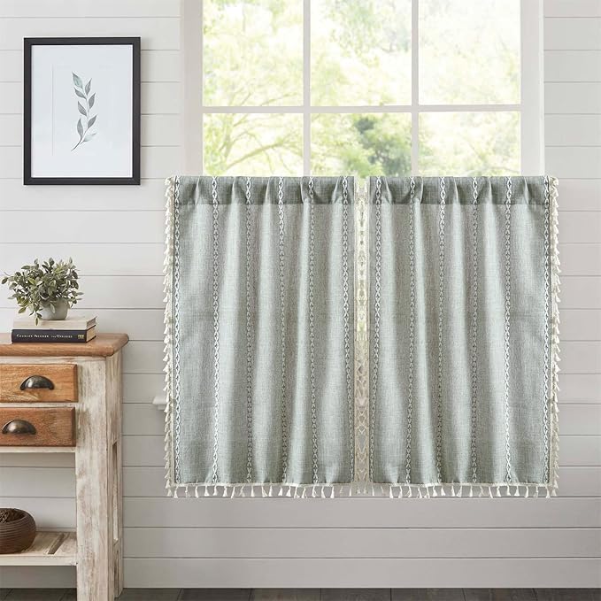 RoomTalks Sage Green Boho Farmhouse Kitchen Curtains 36 Inch Length Striped Summer Spring Cute Modern Chic Cotton Polyester Tassel Short Cafe Curtains for Small Window Kitchen Bohemian Decor