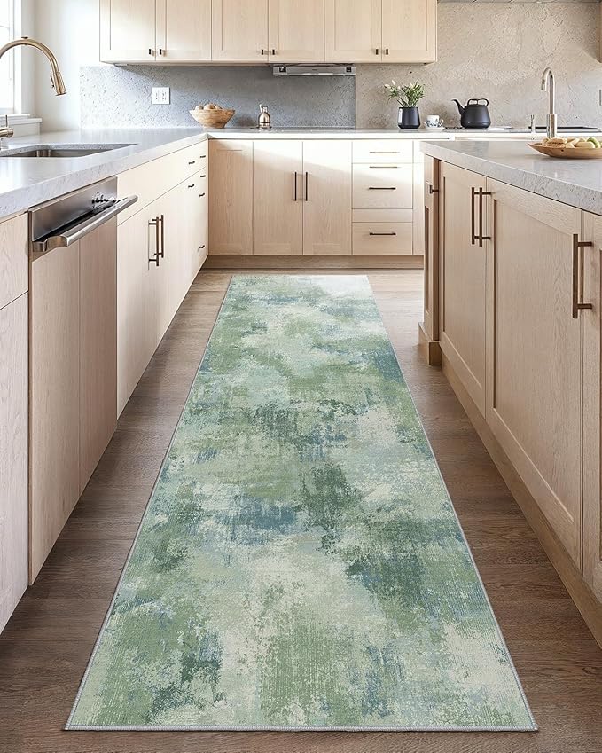 Runner Rugs for Hallway 2'6"x8', Modern Abstract Machine Washable Runners for Kitchen Entryway Bathroom Bedroom, Low Pile Lightweight Thin Non Slip Runner Rug, Green