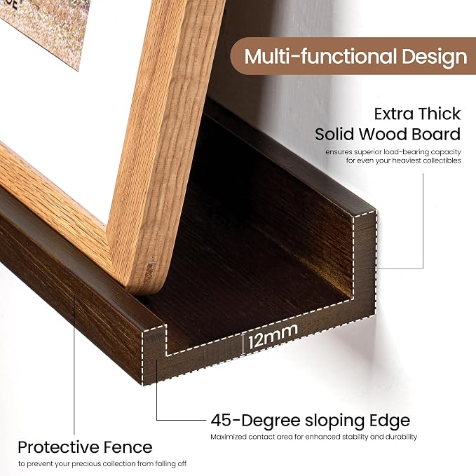 Picture Ledge Shelf, Floating Shelves Set of 2, 40 Inches Solid Wood Nursery Book Shelves for Toys Storage, Kids Bookshelf Wall Mounted for Living Room Bedroom Decor Books Photo Frames, Walnut