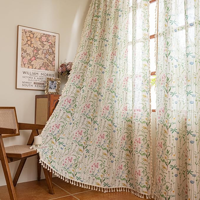 Deeprove Boho Curtains 63 Inches Length 2 Panels with Handmade Cream Tassel, Herbs Florals Print Textured Window Drapes for Living Room Bedroom Farmhouse Cottage Shabby Style Privacy, 52W x 63L