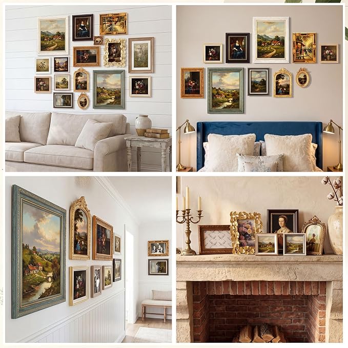 Kathfly 50 Pack Vintage Picture Frames for Wall, Tabletop Display Ornate French Country Frames Vintage Farmhouse Decor Antique Wall Frame Set for Gallery Bedroom Living Room Decor (Retro in Gold)