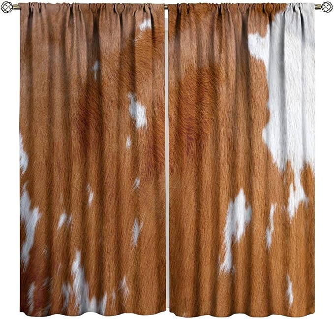 Cowhide Blackout Curtain, Rustic Cow Print Brown Animal Fur Skin Drapes, Window Treatments Rod Pocket 2 Panels Curtains for Kitchen Bedroom Living Room Offiec Decor 63" W X 63" L