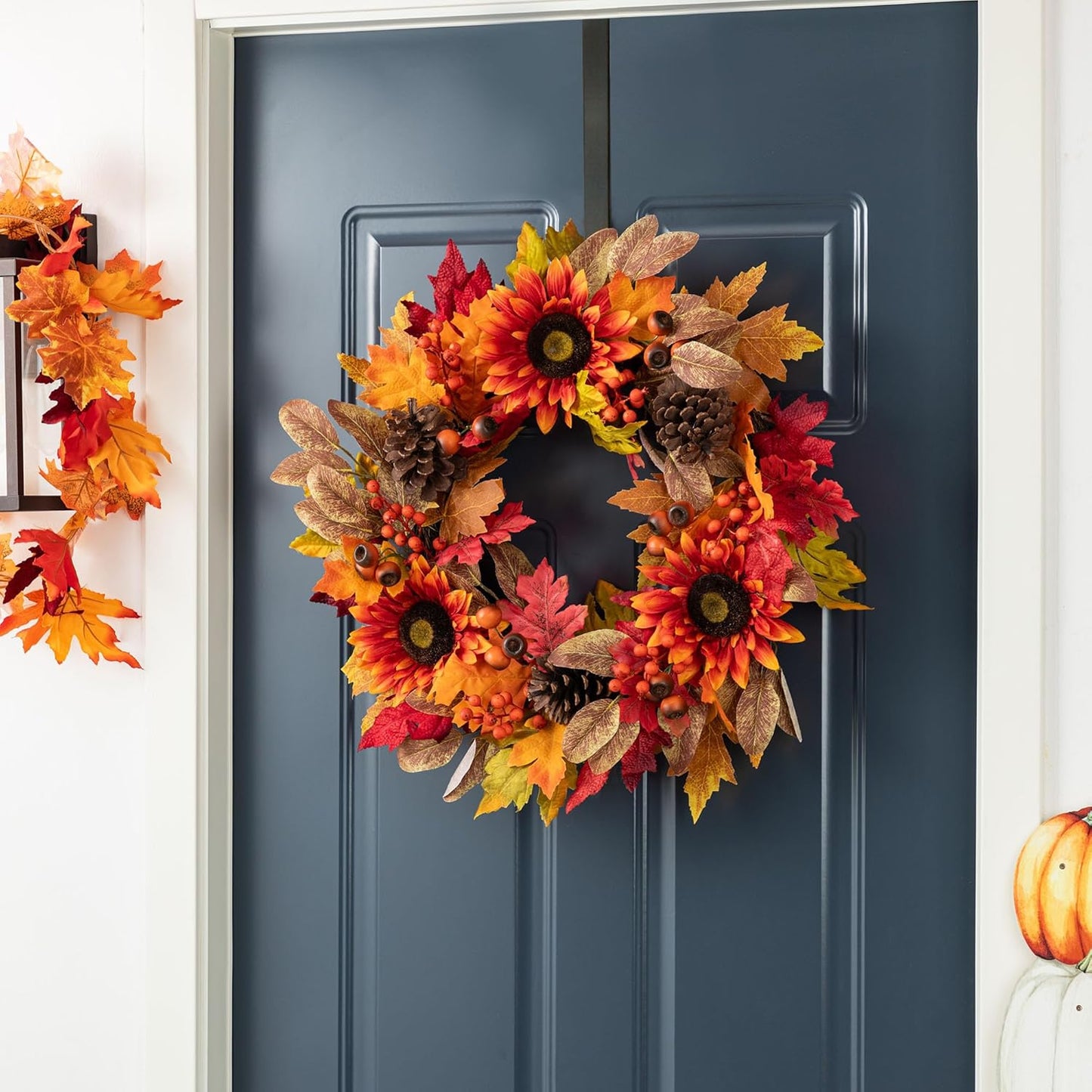Glitzhome 24''D Fall Wreath with Hanger, Artificial Autumn Wreath for Front Door with Sunflower, Pinecone and Berry, Harvest Wreaths Decor for Indoor Outdoor Holiday Decoration