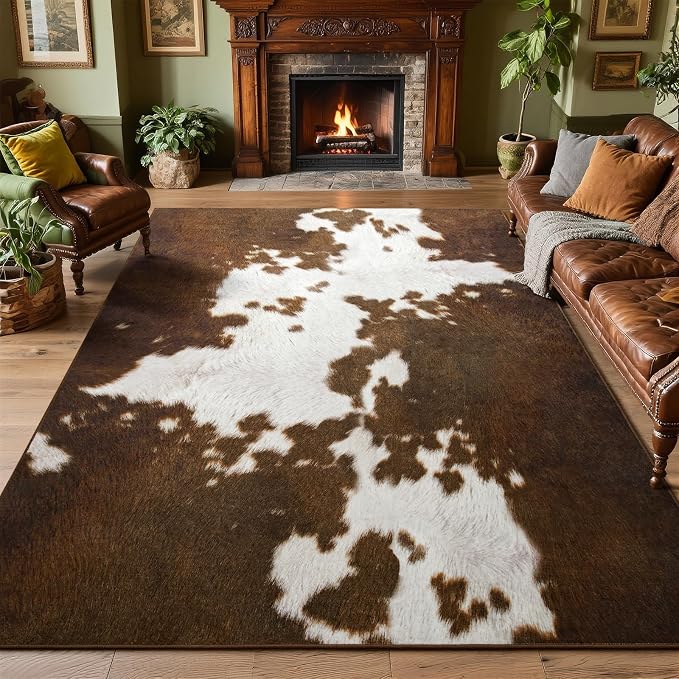 DweIke Cow Print Rugs for Living Room, 8x10 Large Soft Faux Animal Cowhide Area Rug, Washable Non-Slip Stain Resistant Throw Carpet for Dining Room Office Western Home Decor, Light Brown