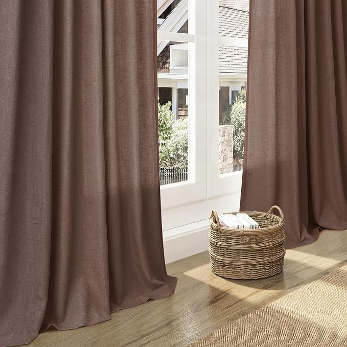 Nanspring Mocha Mousse Curtains 108 Inches Long 2 Panels Set Back Tab Loop Pocket Linen Blend Light Filtering Semi Sheer Boho Large Window Decor for High Ceiling Living Room 52x108