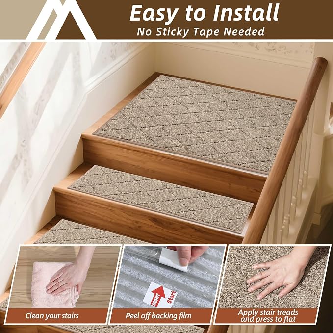 COSY HOMEER Edging Stair Treads Non-Slip Corner Indoor Stair Runners for Wooden Steps,Landing Slip Resistant Stair Rugs Mat for Kids and Dogs,100% Polyester TPE Backing,Beige,30x30 inch