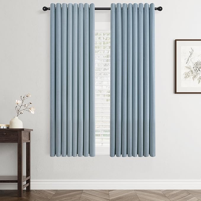 Jowels Blue Linen Blackout Curtains 63 Length 2 Panels Set for Living Room Bedroom, 100% Black Out Thermal Insulated Linen Drapes, Room Darkening Grommet Curtains 63 Inches Long