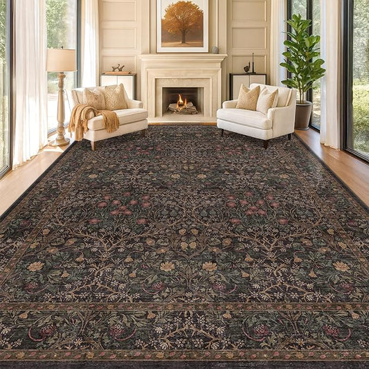 Hazo Haus Dark Brown 10x14 Area Rugs for Living Room - Extra Large Vintage Western Unique Neutral Floral, Washable Low Pile Non-Slip Soft Thin Area Rug for Dining Under Table, Bedroom Under Bed