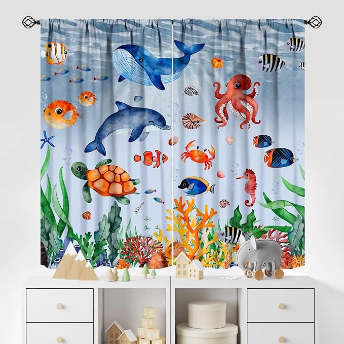 YCness Sea Animal Curtains for Boys Girls Bedroom Nursery Decor Cartoon Tropical Fish Underwater Coral Animals Art Printed Blackout Window Drapes Fabric Set 2 Panel 42x63 Inch 80% Shading Rate