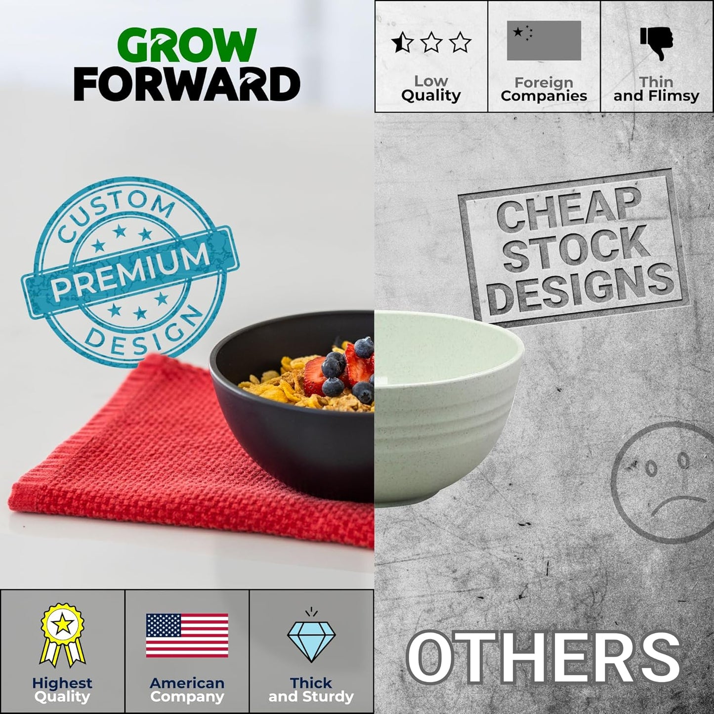 Grow Forward Premium Wheat Straw Bowls - 20oz Microwave Safe Plastic Cereal Bowls Set of 8 for Kitchen, Camping, RV, Dessert, Snack, Soup, Salad, Fruit - Reusable, Unbreakable & BPA Free - Midnight