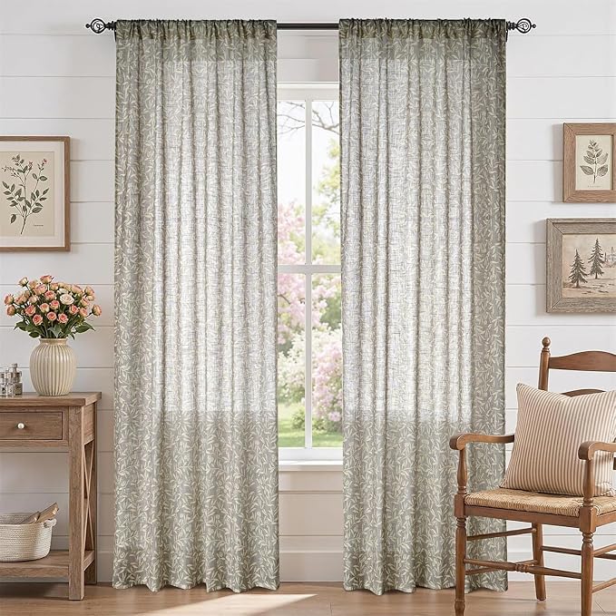 RoomTalks 63 Inches Boho Farmhouse Curtains for Bedroom Dining Living Room Light Filtering, Rustic Country Vintage Cottagecore Faux Linen Window Curtain Panels, Taupe Khaki, Elegant Floral Drapes
