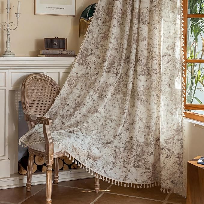 OYX Boho Floral Curtains 96 Inch, Linen Farmhouse Flower Drapes with Lace & Tassels, Light Filtering Semi Sheer Curtains for Living Room Bedroom, 2 Panels